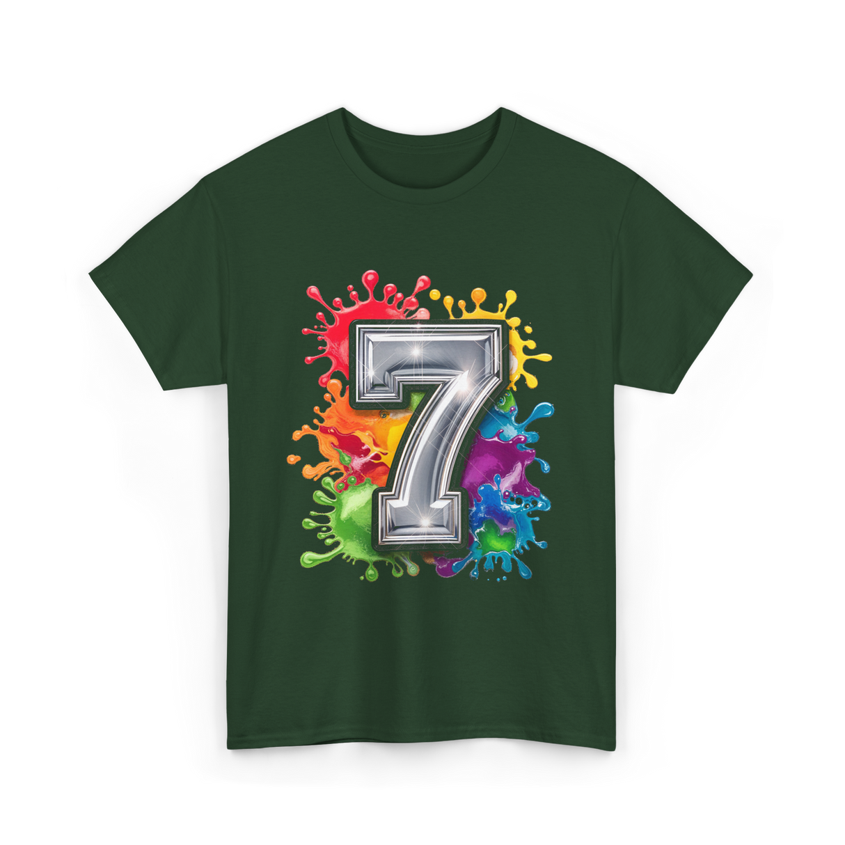 7th Birthday Colorful Splash Party T-Shirt - Forest Green