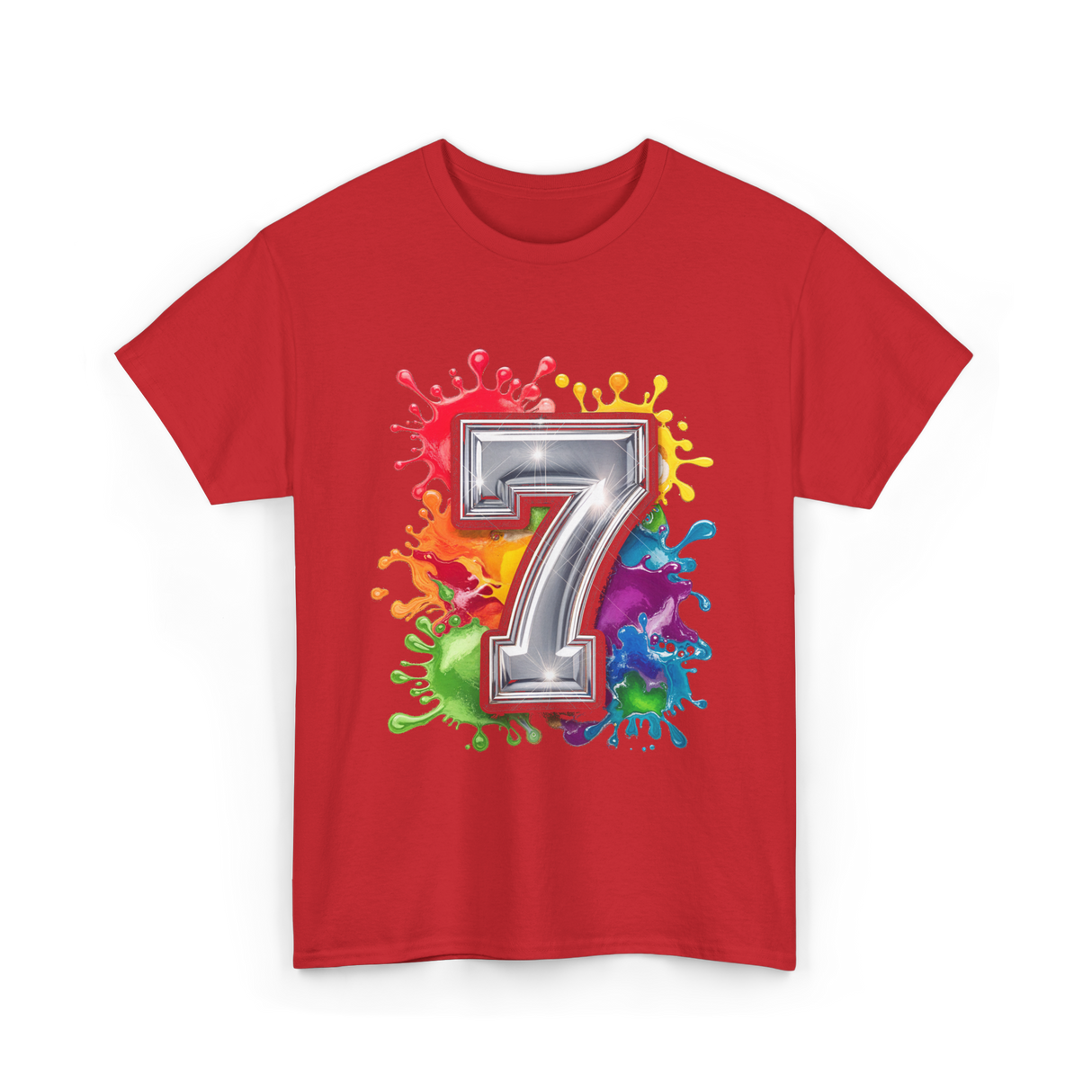 7th Birthday Colorful Splash Party T-Shirt - Red