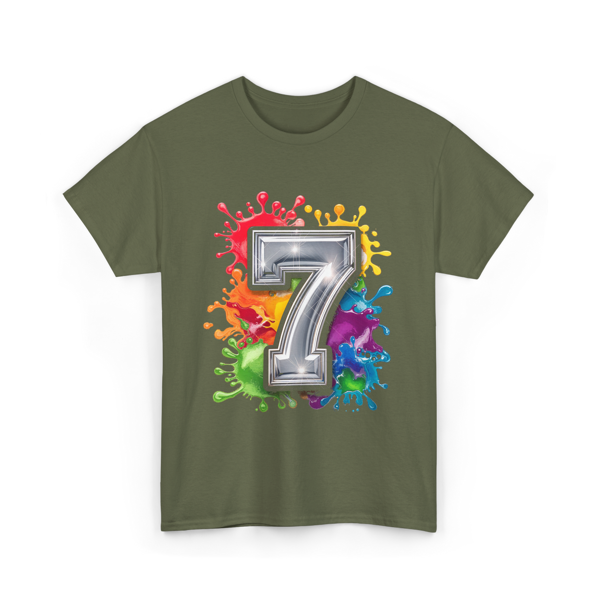 7th Birthday Colorful Splash Party T-Shirt - Military Green