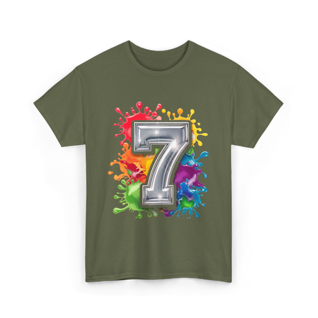 7th Birthday Colorful Splash Party T-Shirt - Military Green