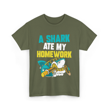 A Shark Ate My Homework Shark T-Shirt - Military Green