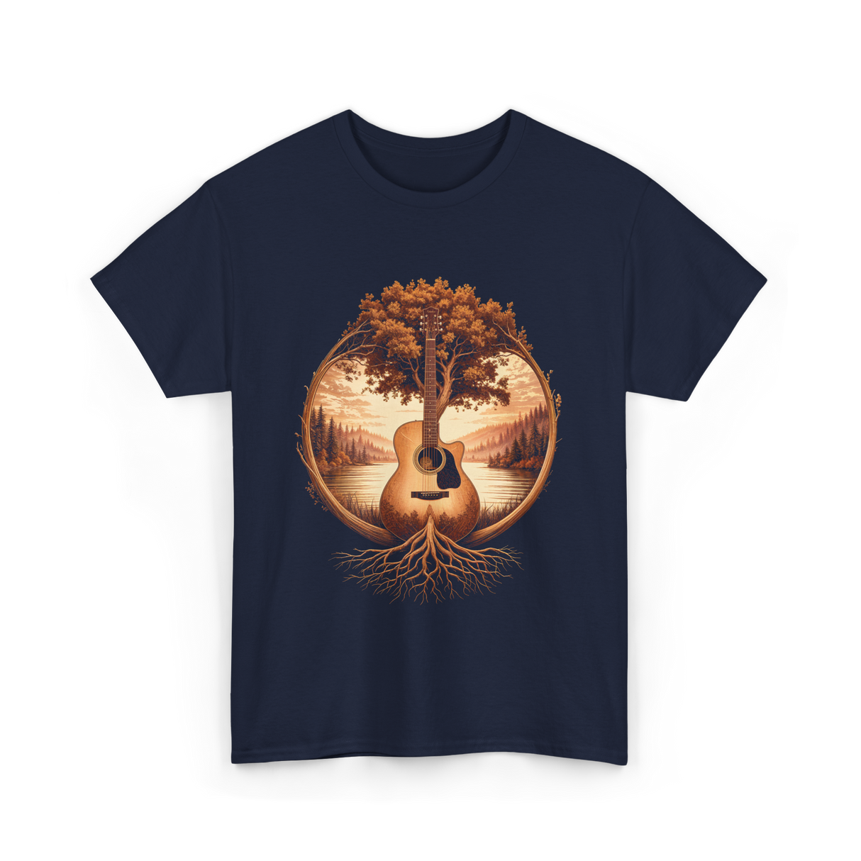 Acoustic Guitar Tree Nature Guitarist T-Shirt - Navy