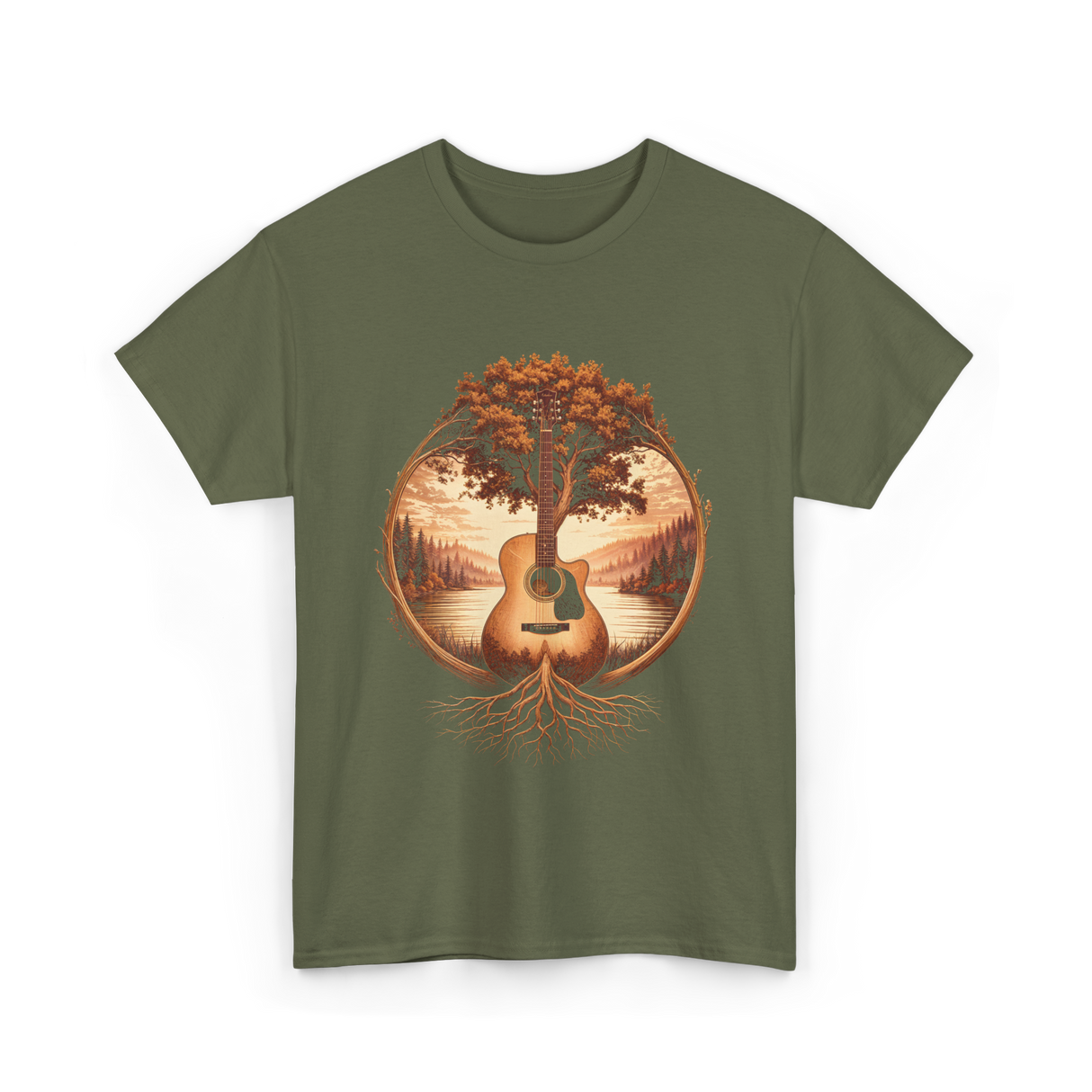 Acoustic Guitar Tree Nature Guitarist T-Shirt - Military Green