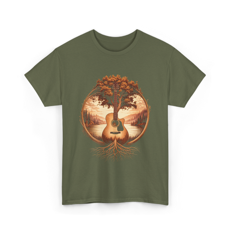 Acoustic Guitar Tree Nature Guitarist T-Shirt - Military Green