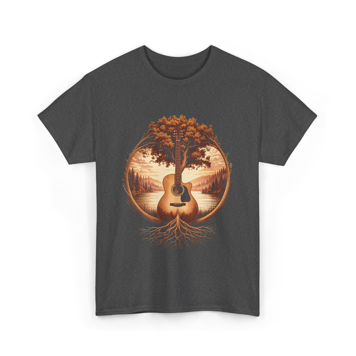 Acoustic Guitar Tree Nature Guitarist T-Shirt - Dark Heather