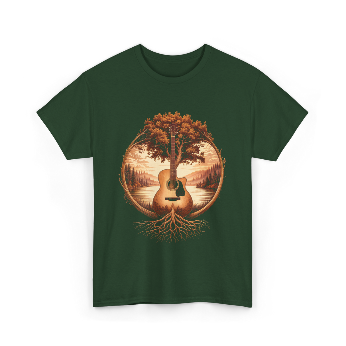 Acoustic Guitar Tree Nature Guitarist T-Shirt - Forest Green