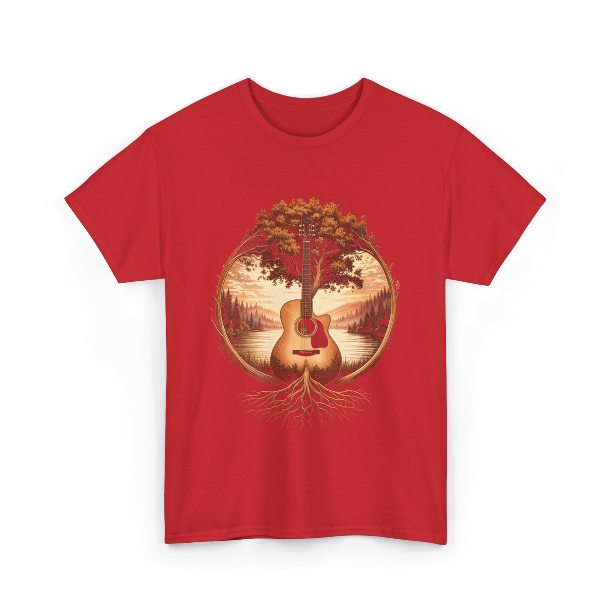 Acoustic Guitar Tree Nature Guitarist T-Shirt - Red