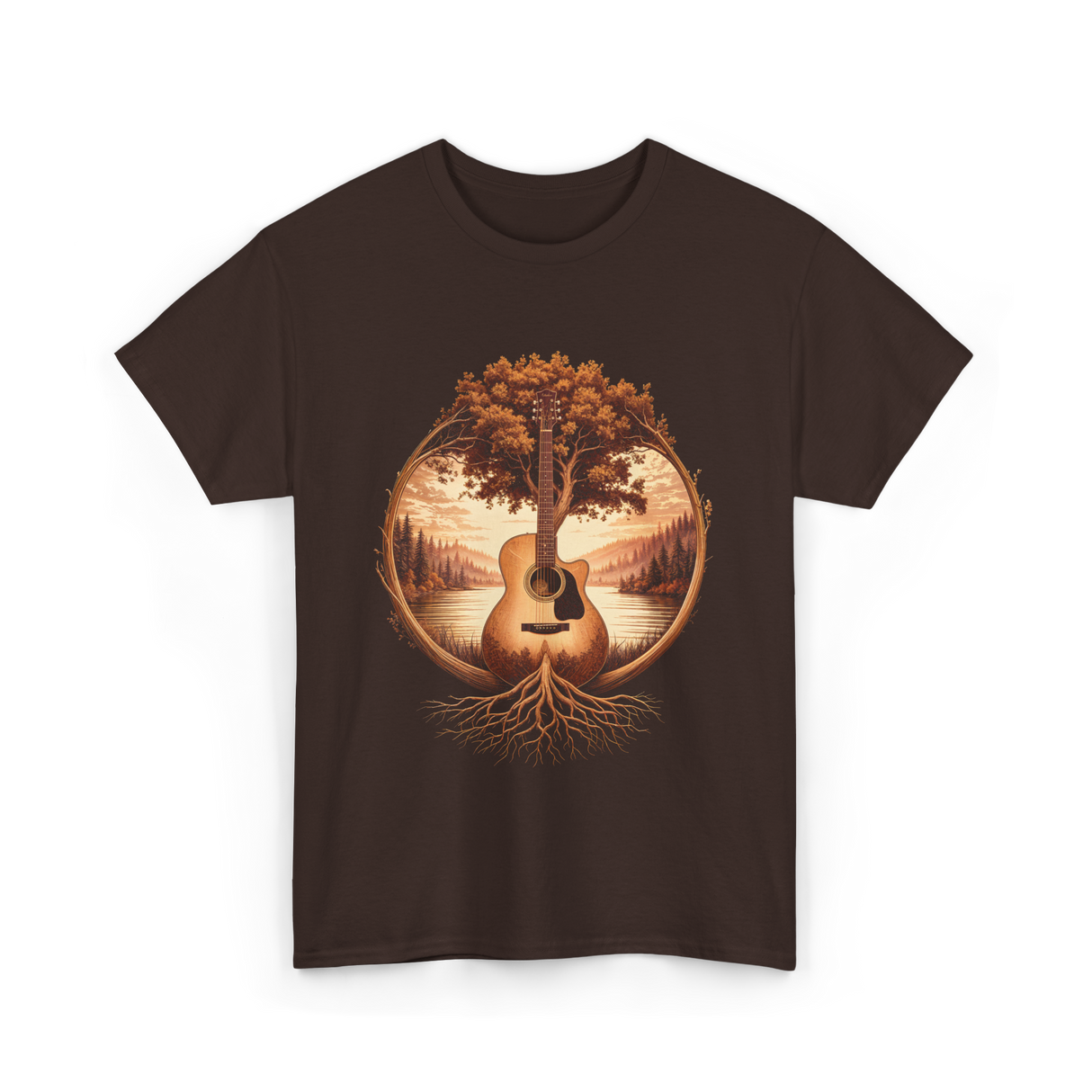 Acoustic Guitar Tree Nature Guitarist T-Shirt - Dark Chocolate