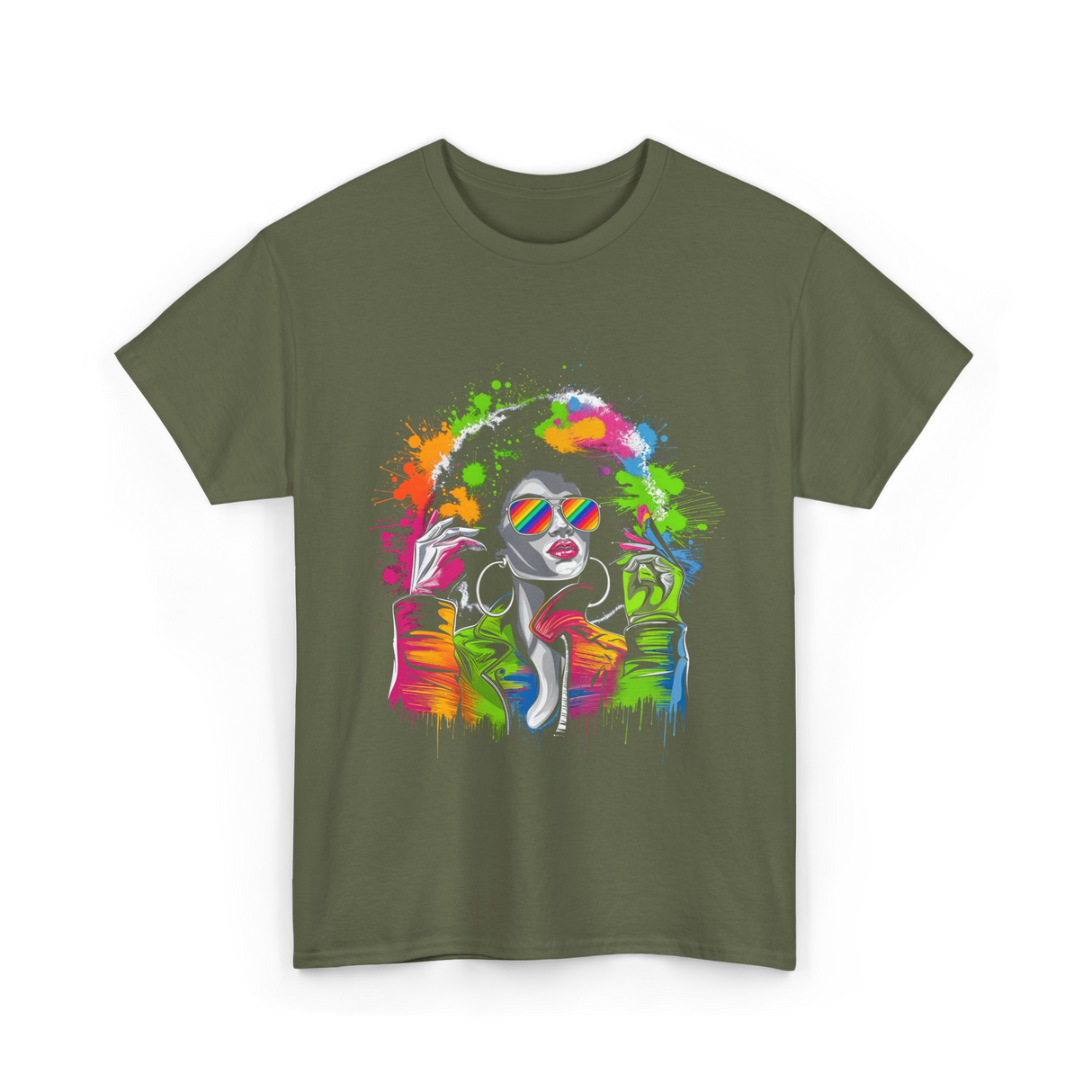 Afro Queen Colorful Art Melanin T-Shirt - Military Green