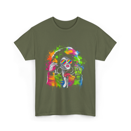 Afro Queen Colorful Art Melanin T-Shirt - Military Green