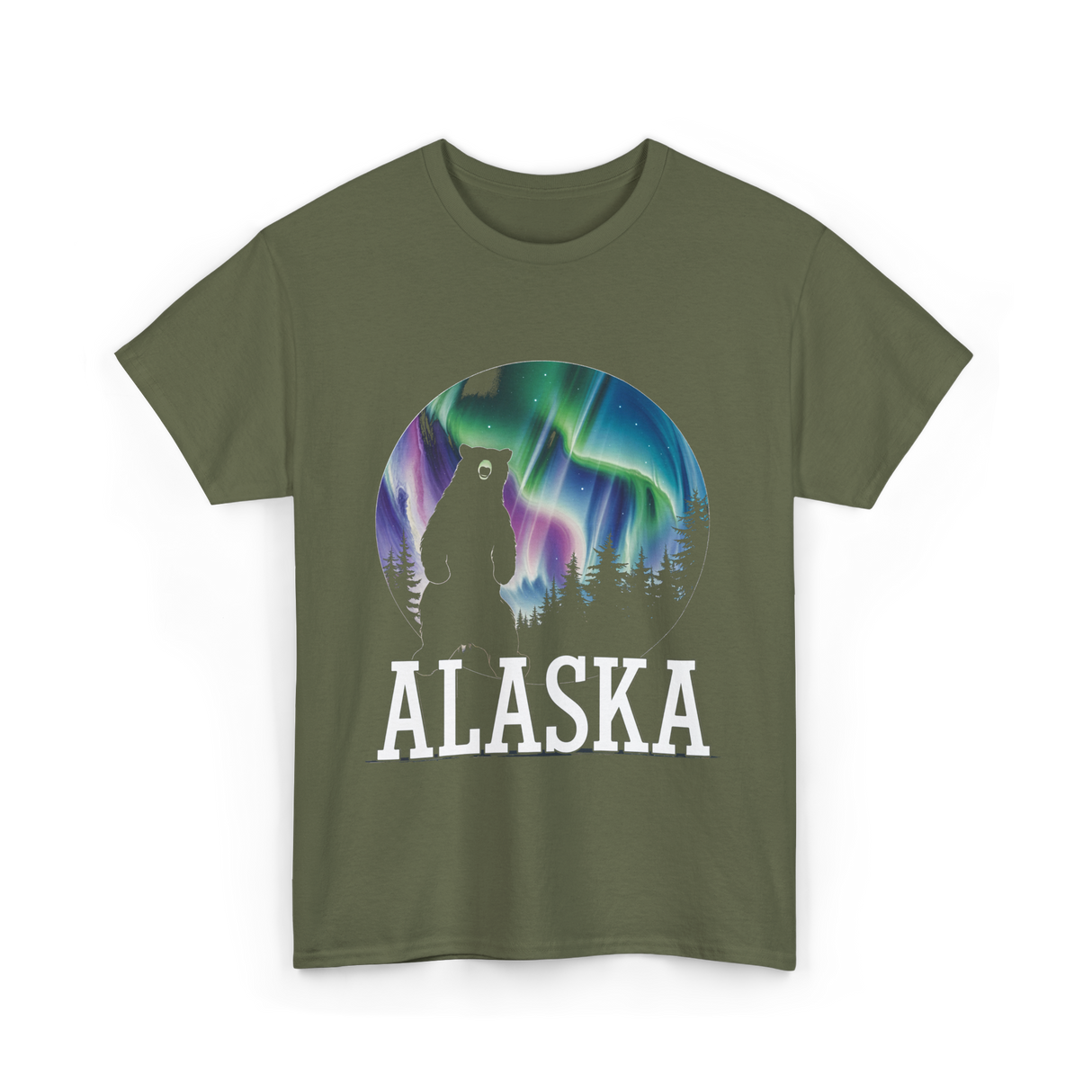 Alaska Northern Lights Bear T-Shirt - Military Green