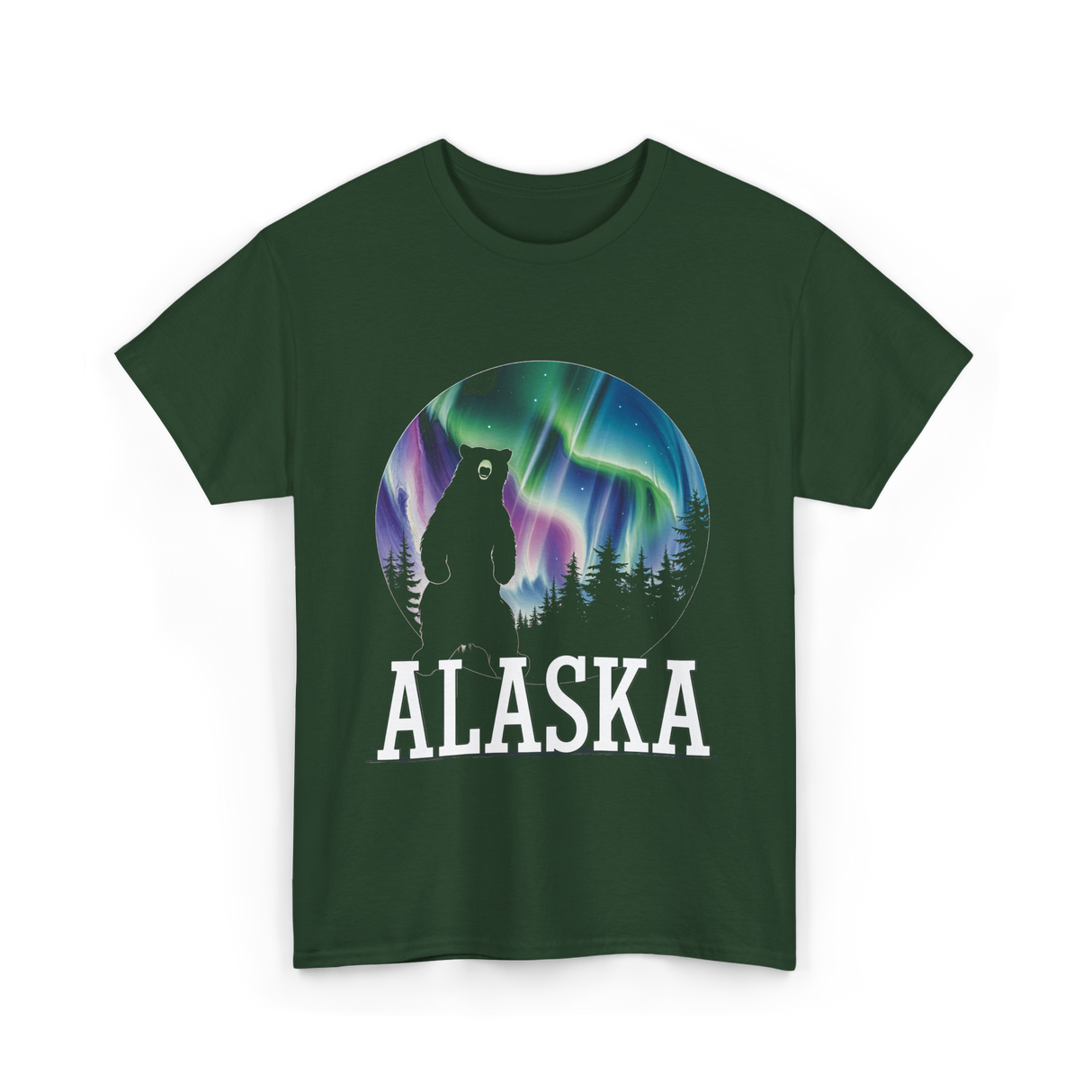 Alaska Northern Lights Bear T-Shirt - Forest Green