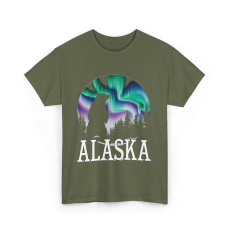 Alaska Northern Lights Wildlife T-Shirt - Military Green