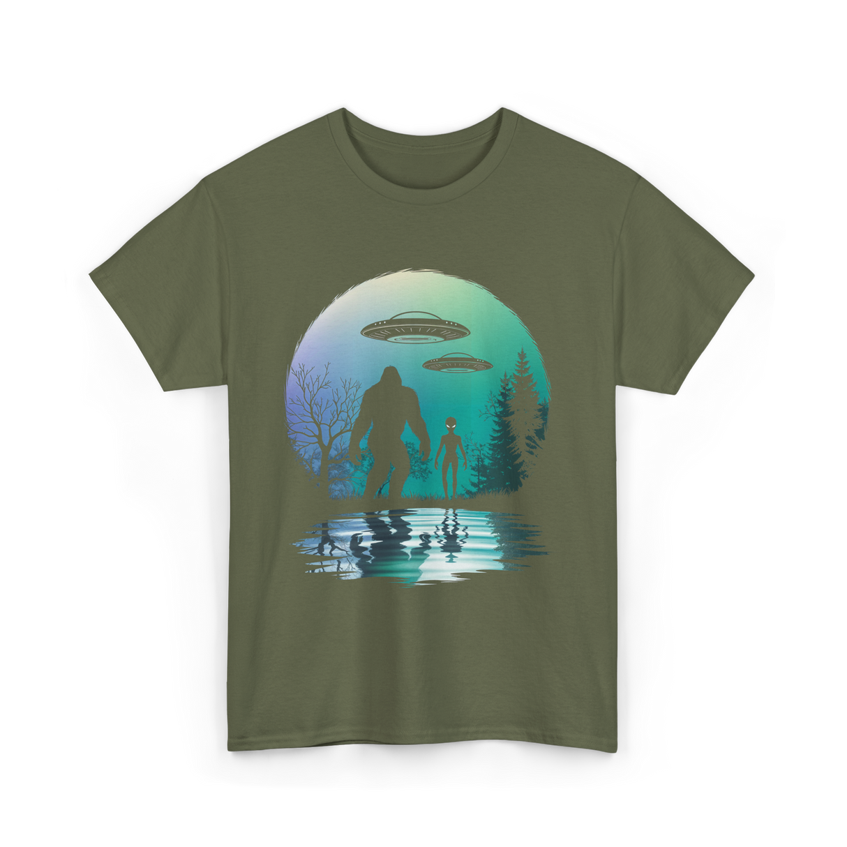 Alien Bigfoot Moon Mysteries T-Shirt - Military Green