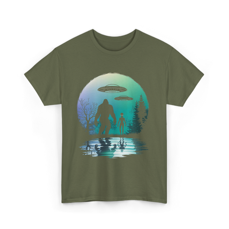 Alien Bigfoot Moon Mysteries T-Shirt - Military Green