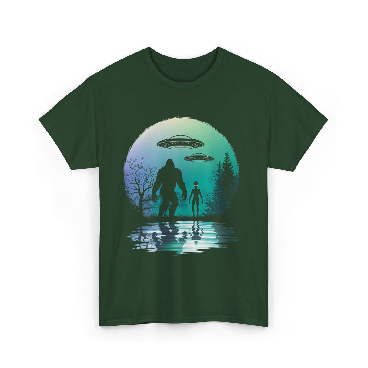 Alien Bigfoot Moon Mysteries T-Shirt - Forest Green