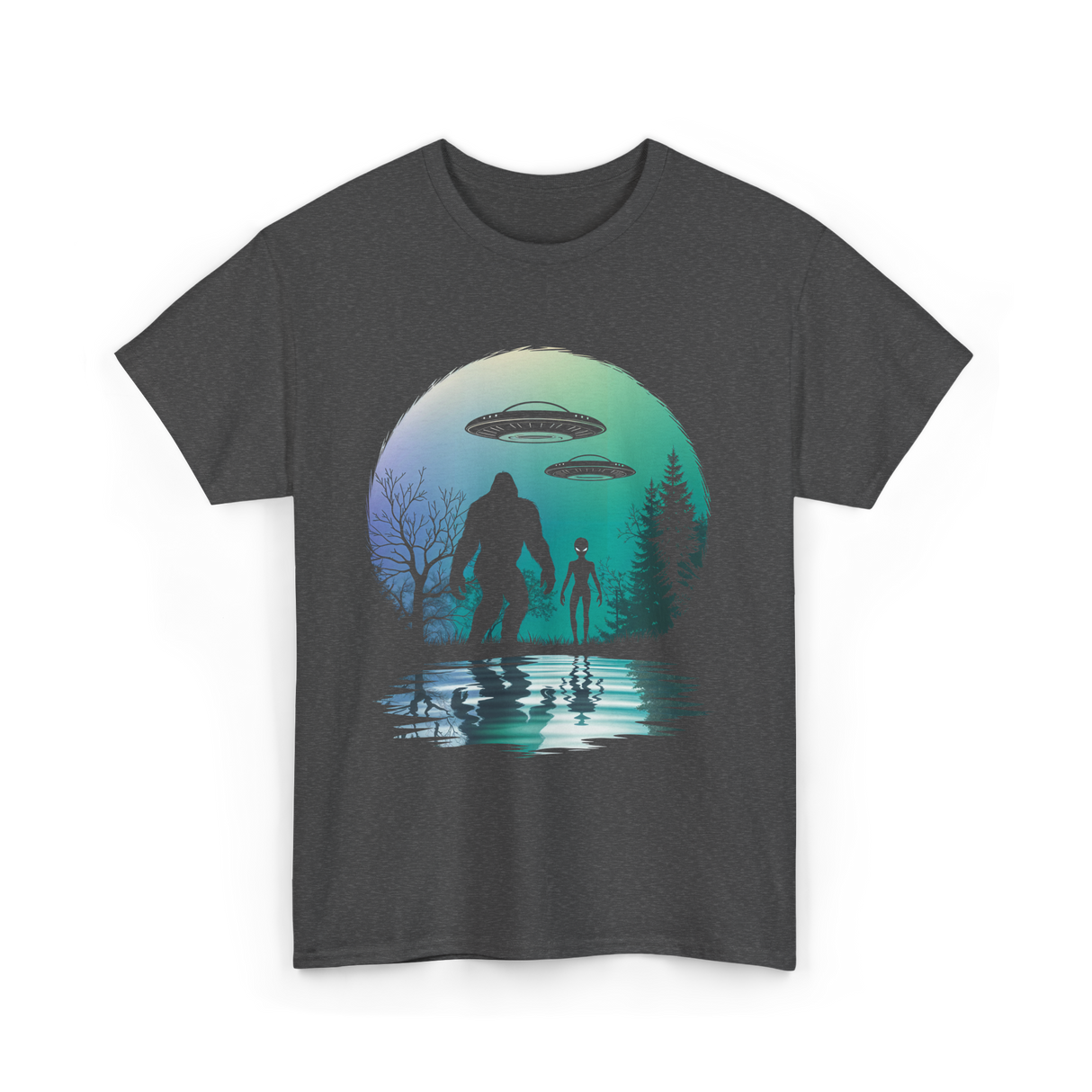 Alien Bigfoot Moon Mysteries T-Shirt - Dark Heather