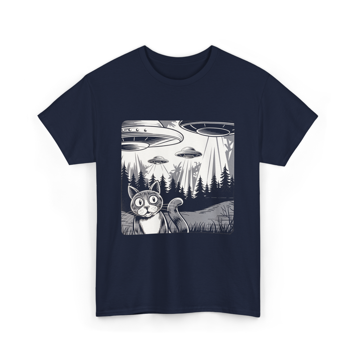 Alien Cat UFO Art T-Shirt - Navy