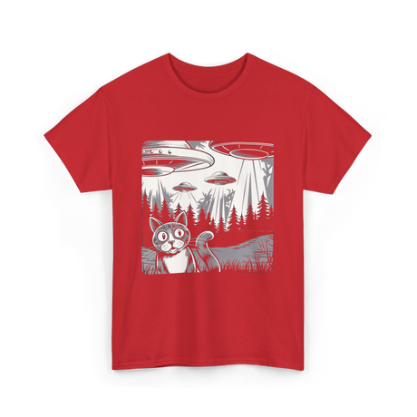 Alien Cat UFO Art T-Shirt - Red