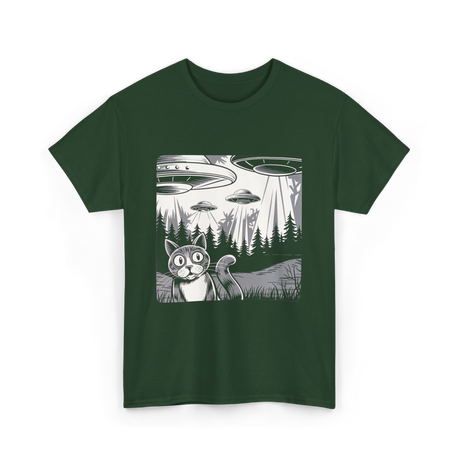 Alien Cat UFO Art T-Shirt - Forest Green