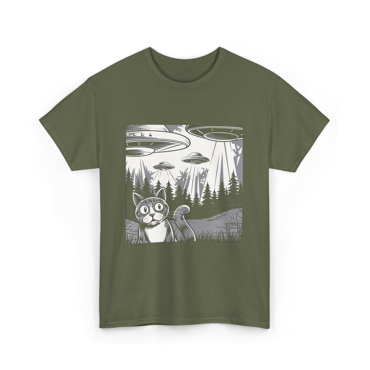 Alien Cat UFO Art T-Shirt - Military Green