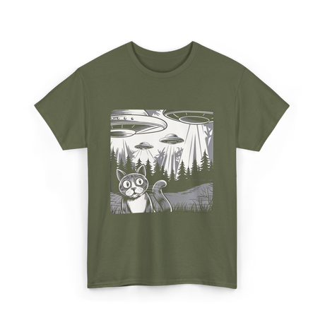 Alien Cat UFO Art T-Shirt - Military Green