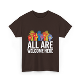 All Are Welcome Here Diversity Inclusion T-Shirt - Dark Chocolate