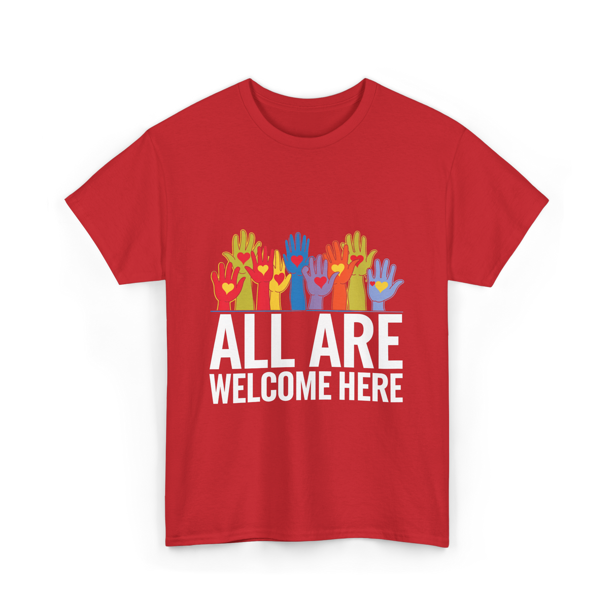 All Are Welcome Here Diversity Inclusion T-Shirt - Red