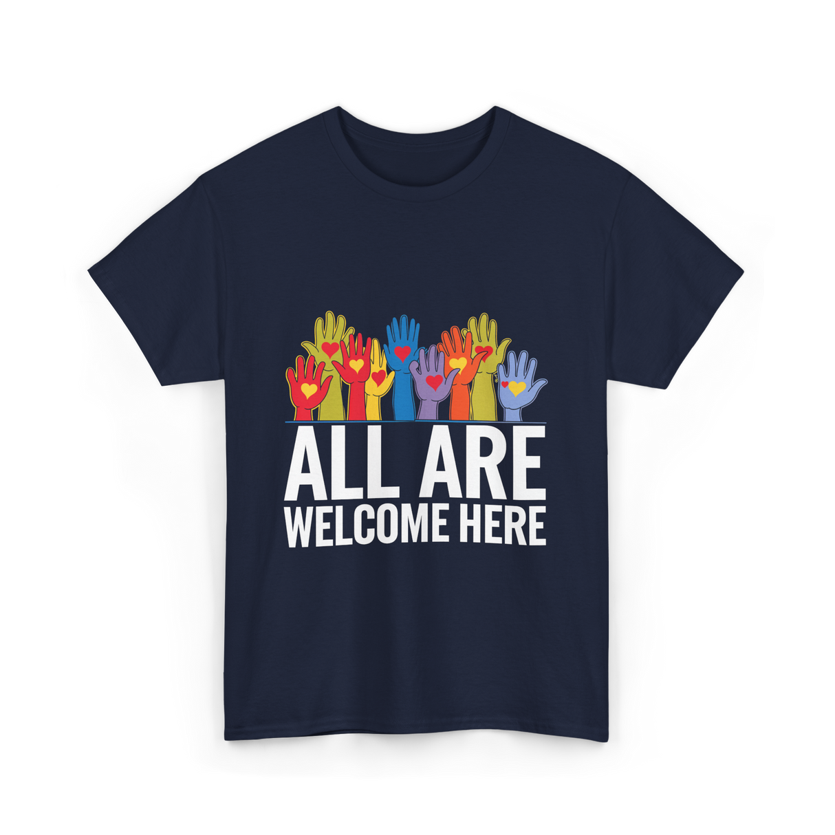 All Are Welcome Here Diversity Inclusion T-Shirt - Navy