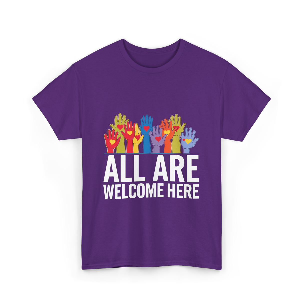 All Are Welcome Here Diversity Inclusion T-Shirt - Purple