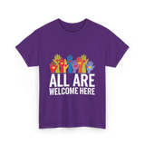 All Are Welcome Here Diversity Inclusion T-Shirt - Purple