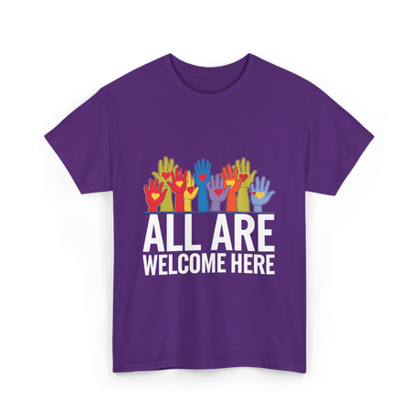 All Are Welcome Here Diversity Inclusion T-Shirt - Purple