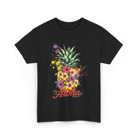 Aloha Pineapple Floral Hawaiian T-Shirt - Black