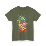 Aloha Pineapple Floral Hawaiian T-Shirt - Military Green