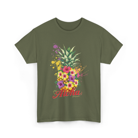 Aloha Pineapple Floral Hawaiian T-Shirt - Military Green