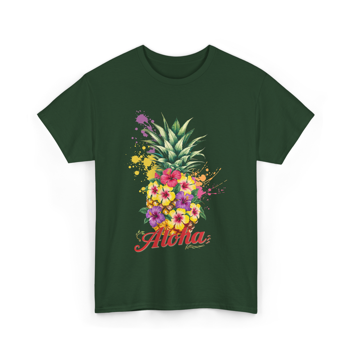 Aloha Pineapple Floral Hawaiian T-Shirt - Forest Green