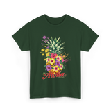 Aloha Pineapple Floral Hawaiian T-Shirt - Forest Green