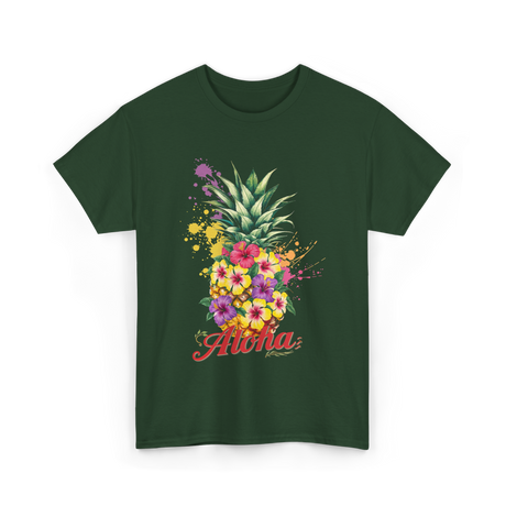 Aloha Pineapple Floral Hawaiian T-Shirt - Forest Green