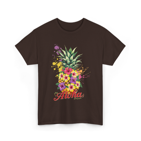 Aloha Pineapple Floral Hawaiian T-Shirt - Dark Chocolate