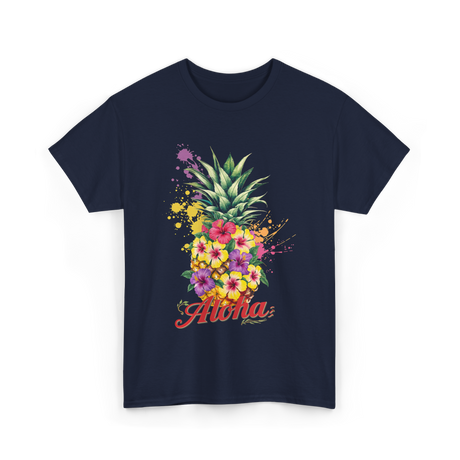 Aloha Pineapple Floral Hawaiian T-Shirt - Navy