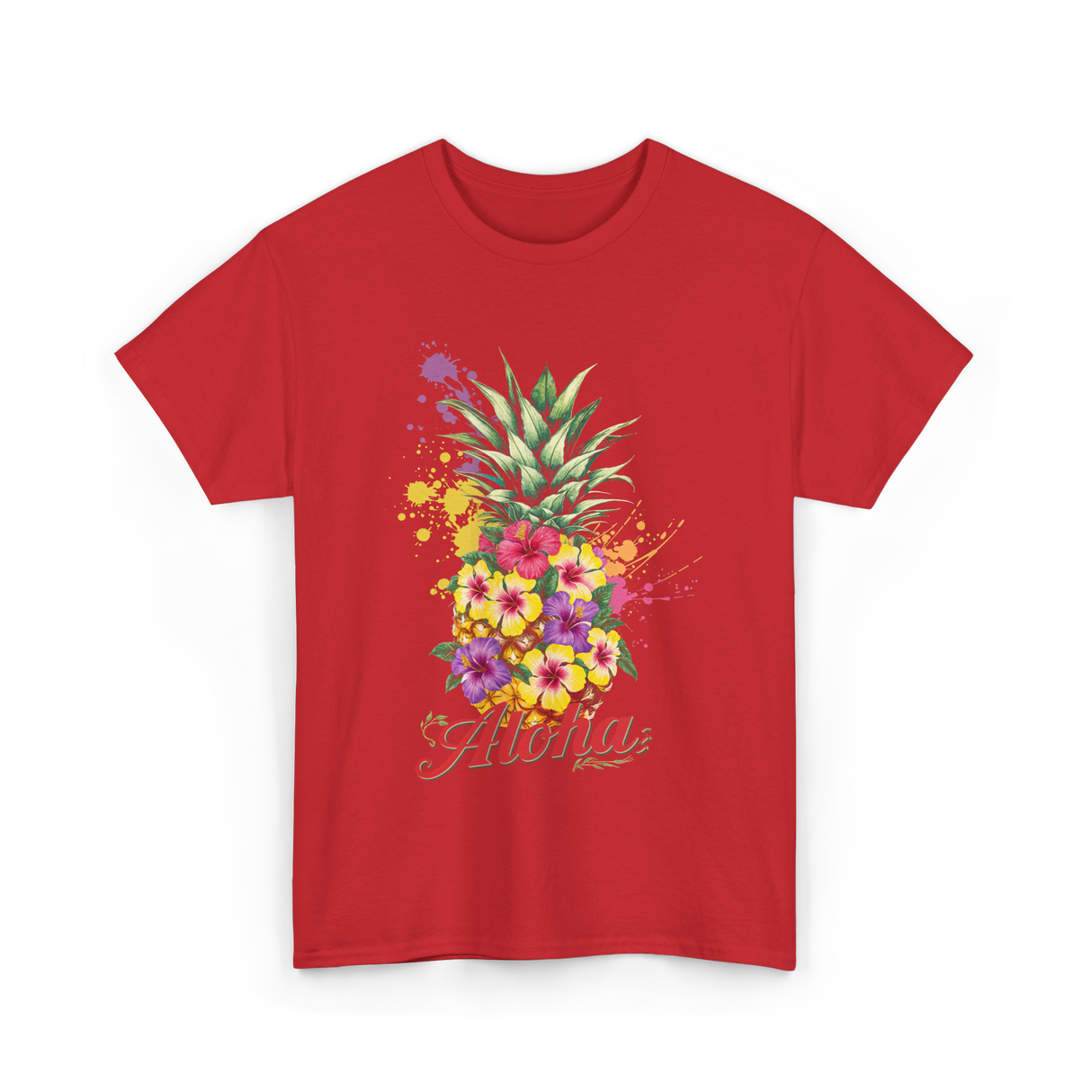 Aloha Pineapple Floral Hawaiian T-Shirt - Red