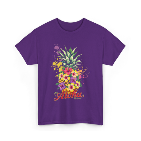 Aloha Pineapple Floral Hawaiian T-Shirt - Purple