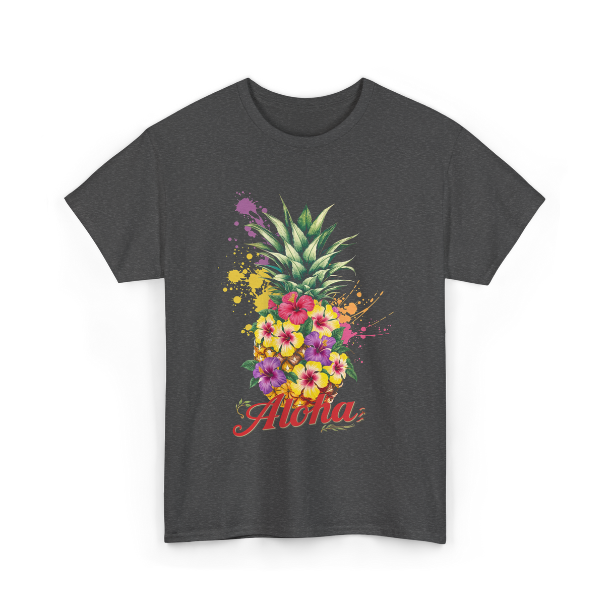 Aloha Pineapple Floral Hawaiian T-Shirt - Dark Heather