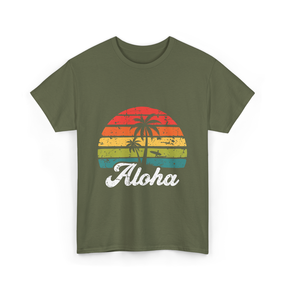 Aloha Sunset Hawaiian Tropical T-Shirt - Military Green