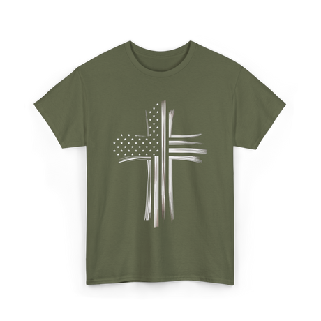 American Flag Christian Cross Patriotic T-Shirt - Military Green