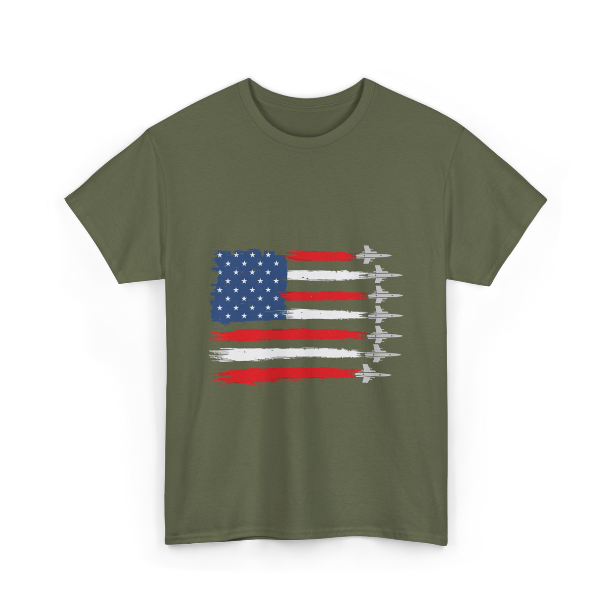 American Flag Fighter Jets Patriotic T-Shirt - Military Green