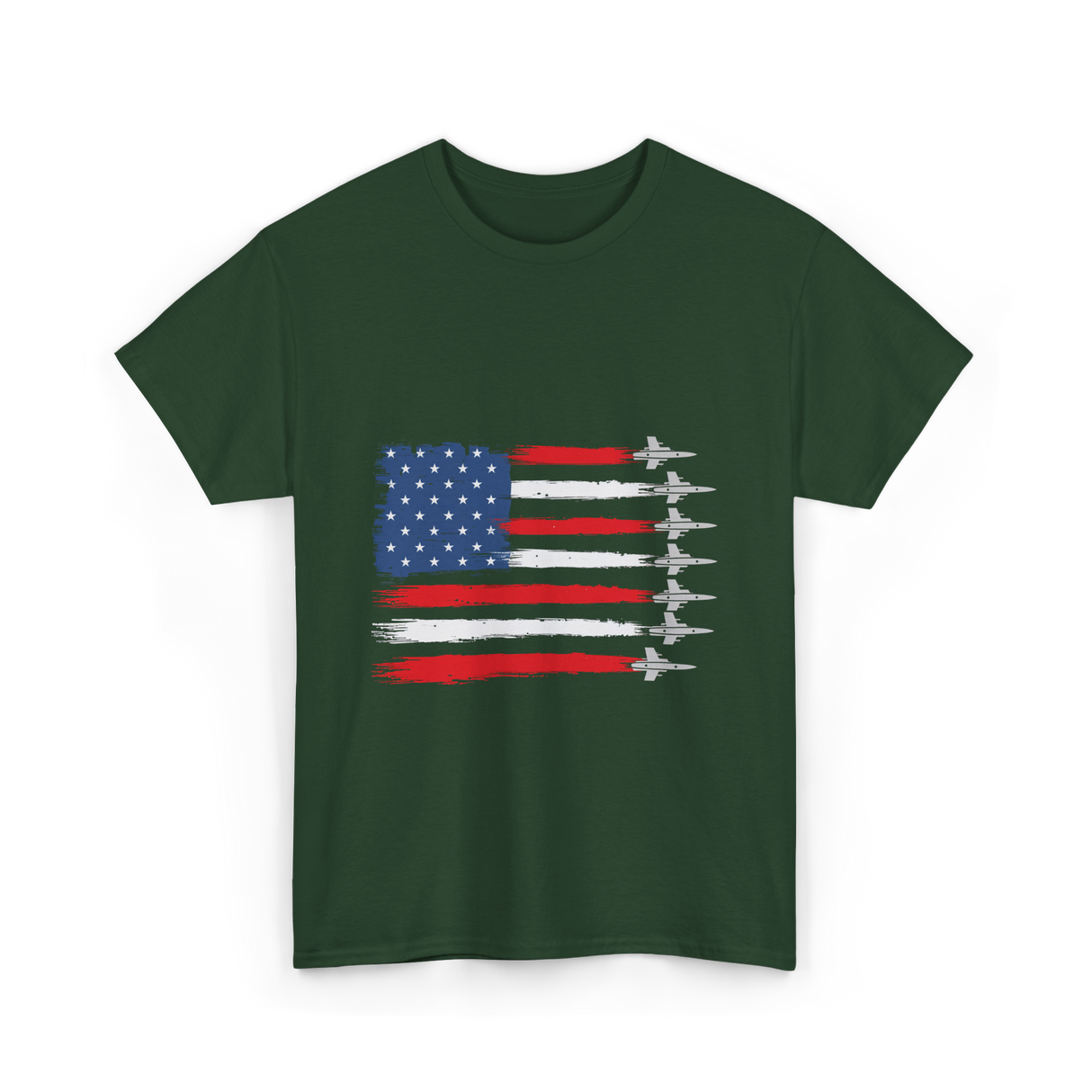 American Flag Fighter Jets Patriotic T-Shirt - Forest Green