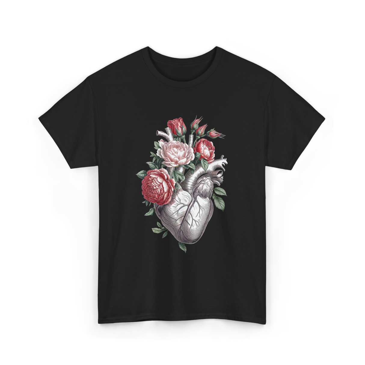 Anatomical Heart Floral Heart Anatomy T-Shirt - Black