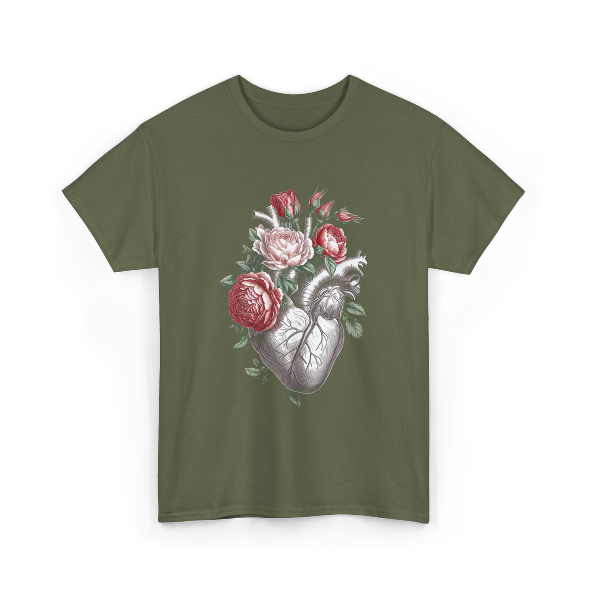 Anatomical Heart Floral Heart Anatomy T-Shirt - Military Green