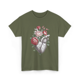 Anatomical Heart Floral Heart Anatomy T-Shirt - Military Green